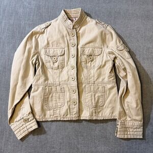 Periscope Women Beige Utility Jacket Stand Collar Button Pockets Size Large